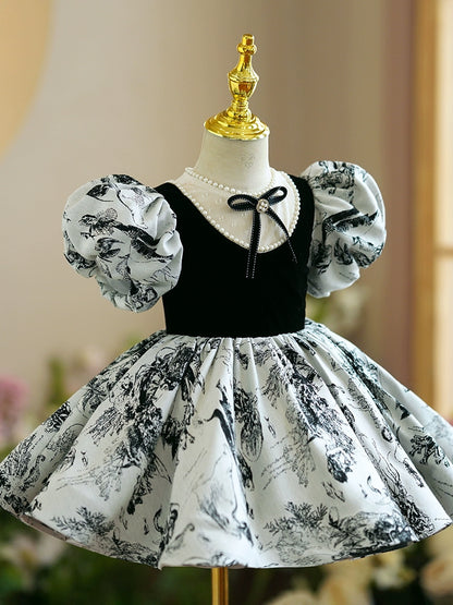 Princess Black Satin Back Zip Baptism Beaded Tea Length Short Sleeve Puff Sleeve Jewel Neck Flower Girl Dress