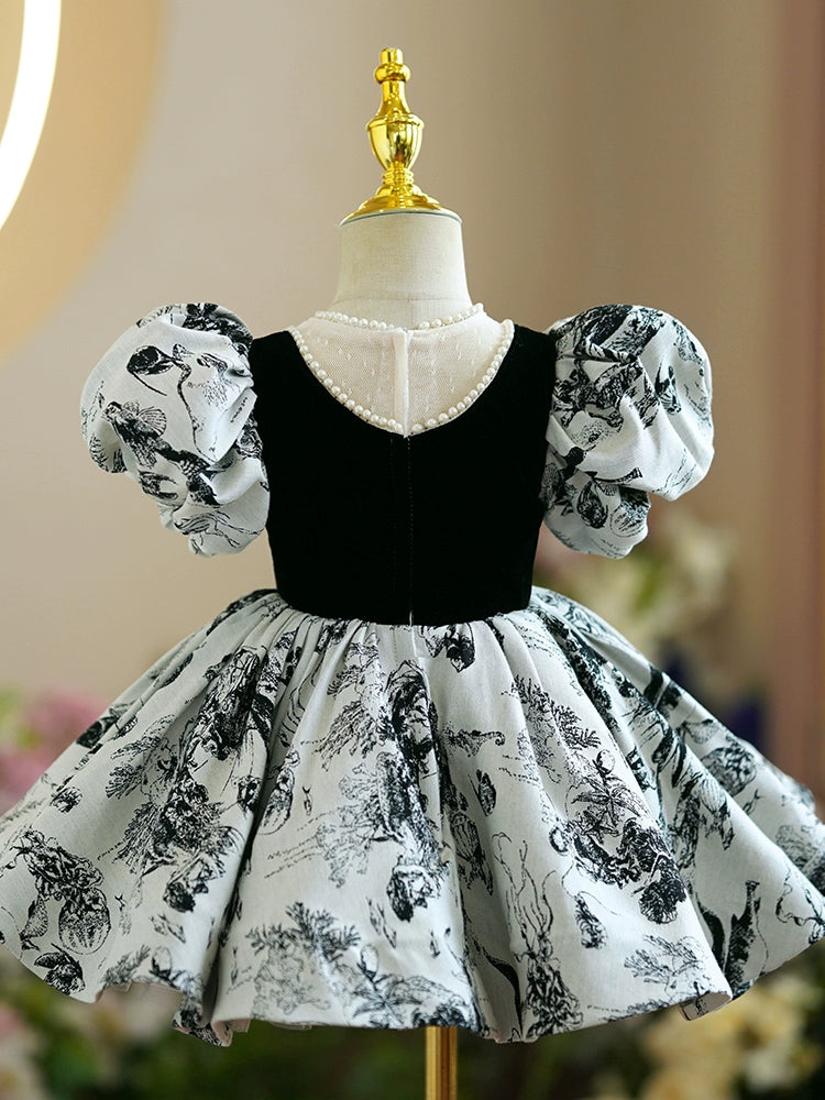 Princess Black Satin Back Zip Baptism Beaded Tea Length Short Sleeve Puff Sleeve Jewel Neck Flower Girl Dress