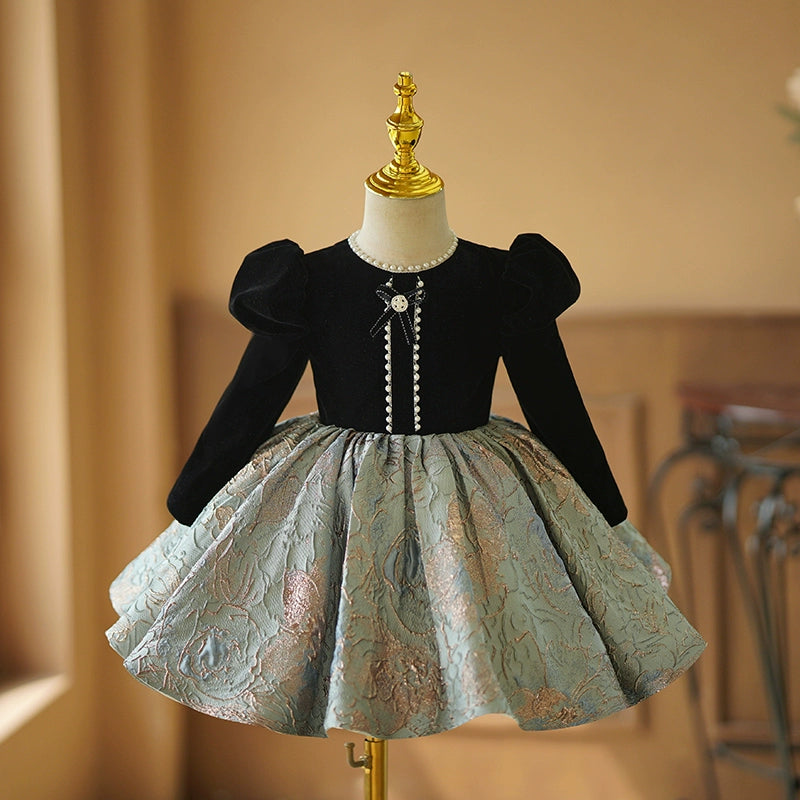 Princess Black Satin Back Zip Baptism Ruffle Tea Length Long Sleeve Puff Sleeve Round Flower Girl Dress