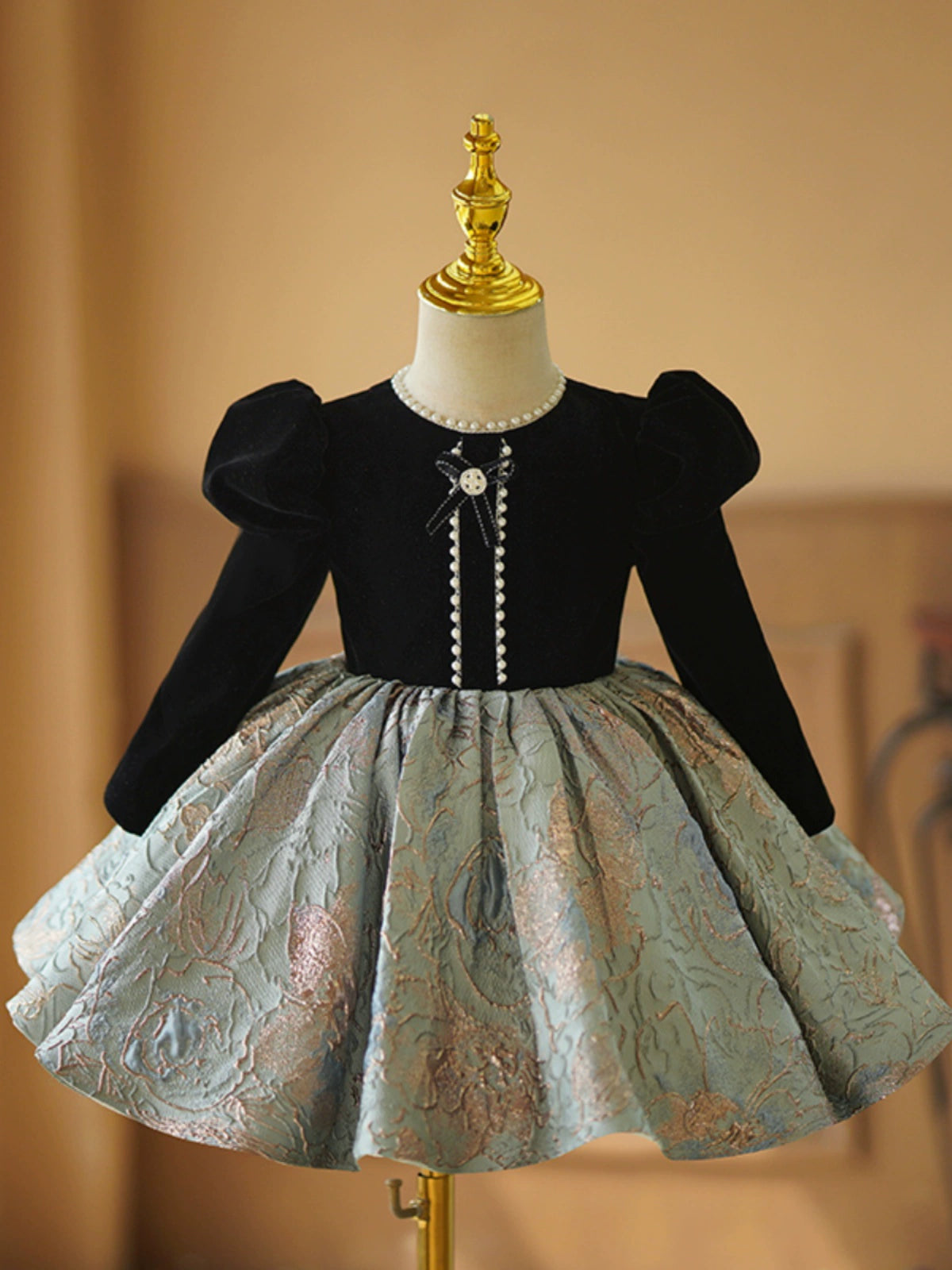 Princess Black Satin Back Zip Baptism Ruffle Tea Length Long Sleeve Puff Sleeve Round Flower Girl Dress
