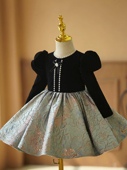 Princess Black Satin Back Zip Baptism Ruffle Tea Length Long Sleeve Puff Sleeve Round Flower Girl Dress