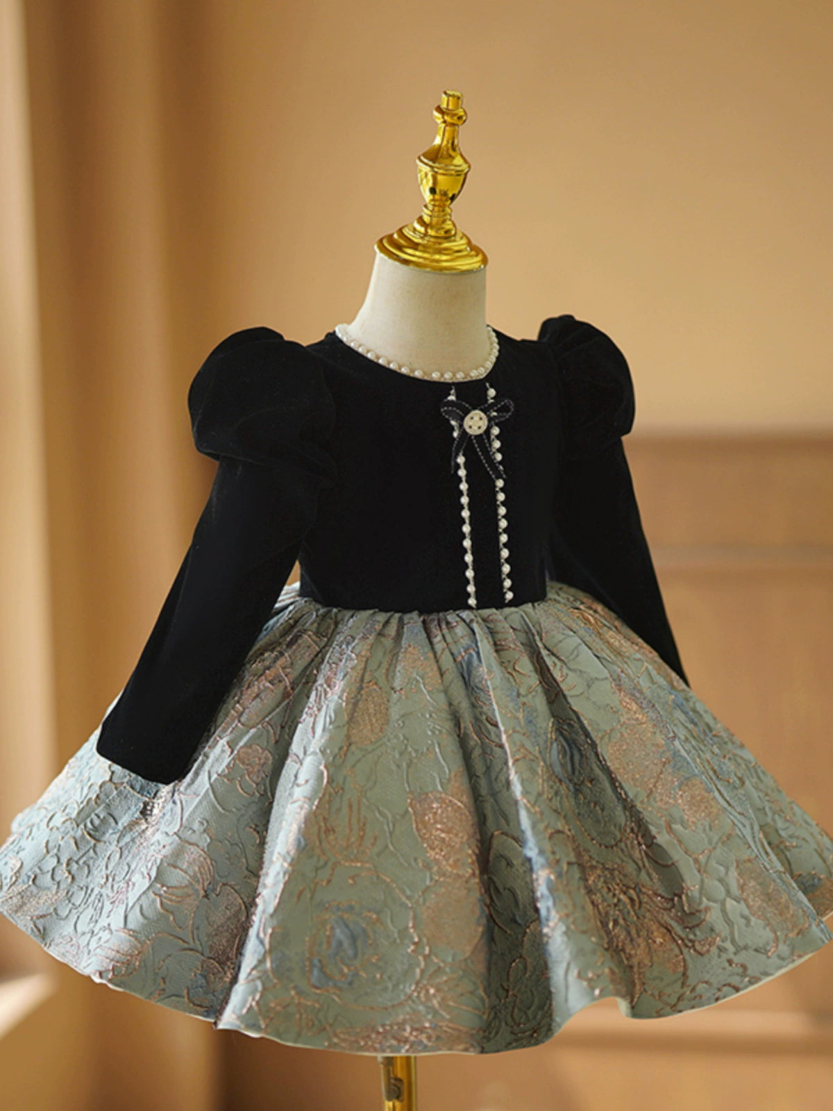 Princess Black Satin Back Zip Baptism Ruffle Tea Length Long Sleeve Puff Sleeve Round Flower Girl Dress