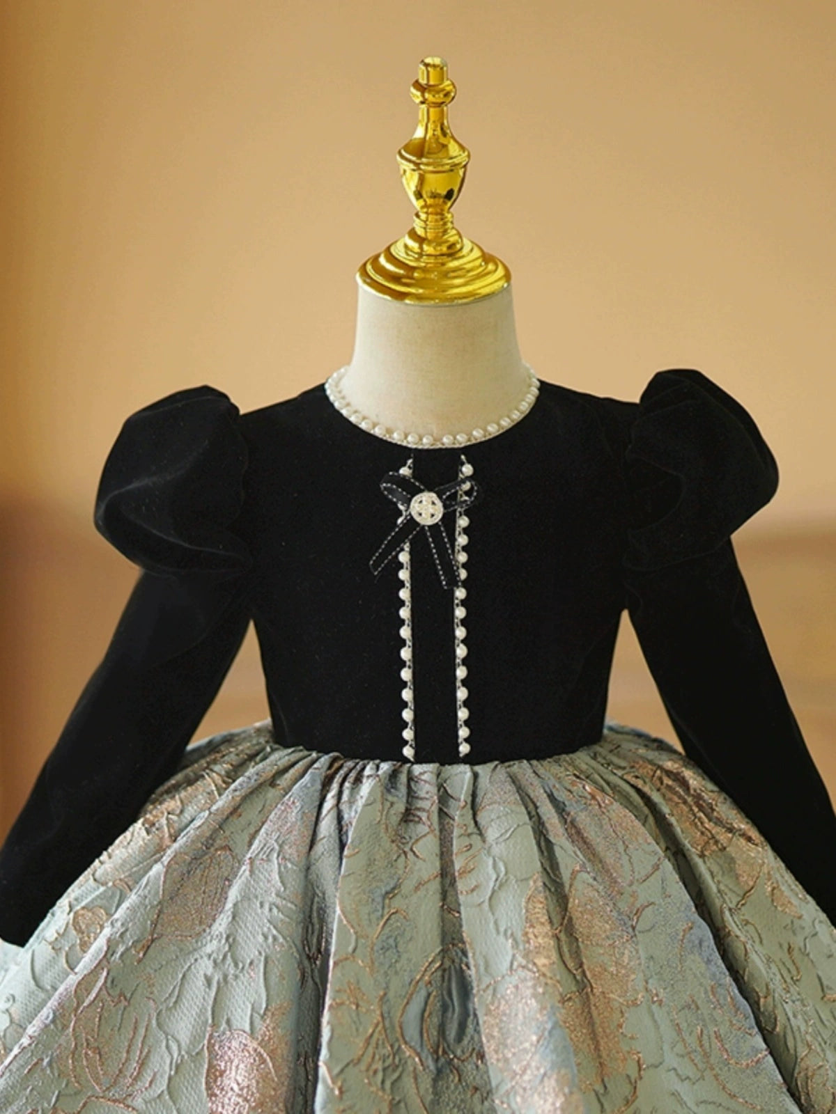 Princess Black Satin Back Zip Baptism Ruffle Tea Length Long Sleeve Puff Sleeve Round Flower Girl Dress