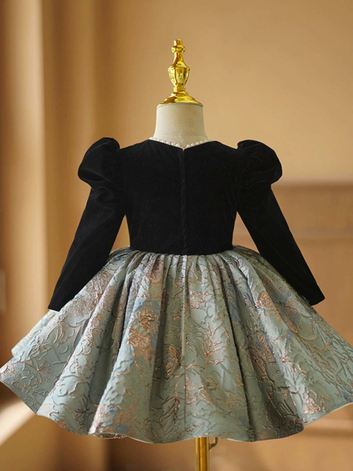 Princess Black Satin Back Zip Baptism Ruffle Tea Length Long Sleeve Puff Sleeve Round Flower Girl Dress