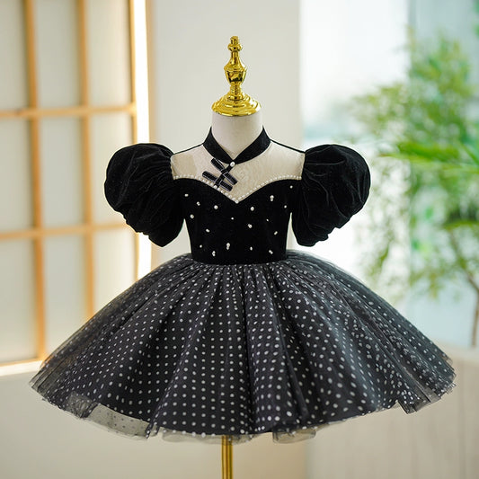Princess Black Tulle Back Zip Baptism Tea Length Puff Sleeve Mock Neck Flower Girl Dress