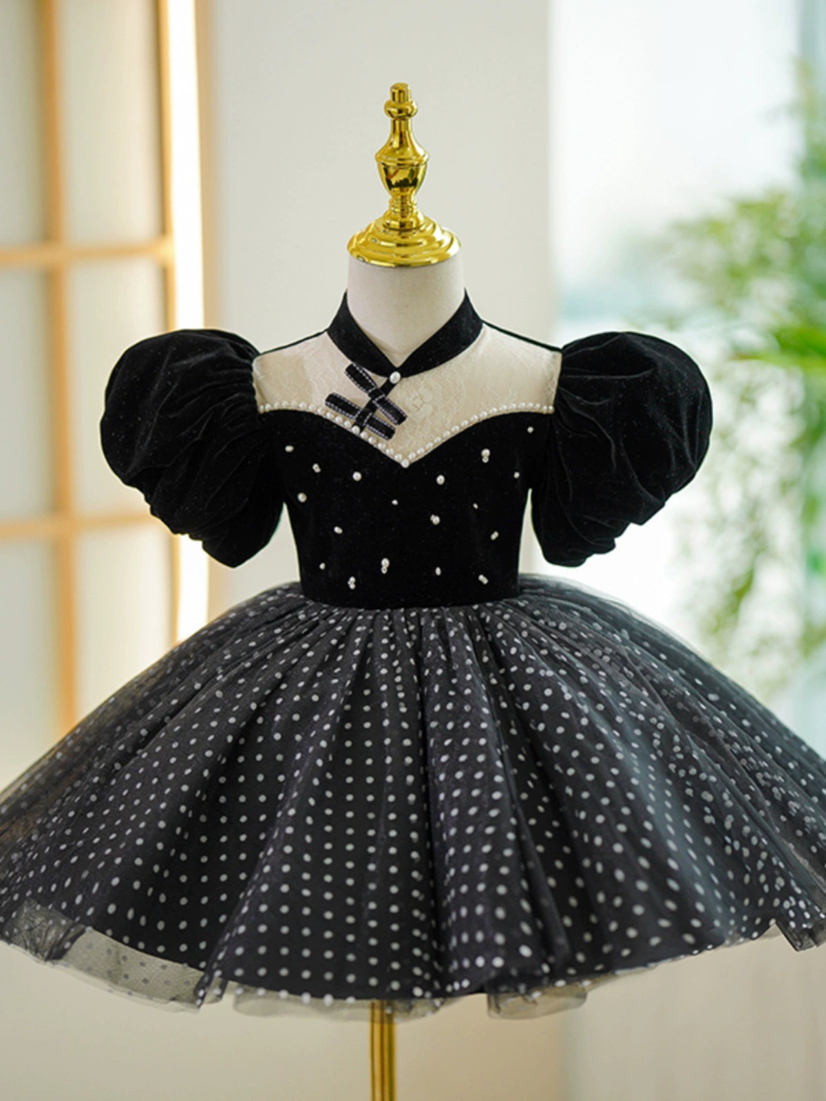 Princess Black Tulle Back Zip Baptism Tea Length Puff Sleeve Mock Neck Flower Girl Dress