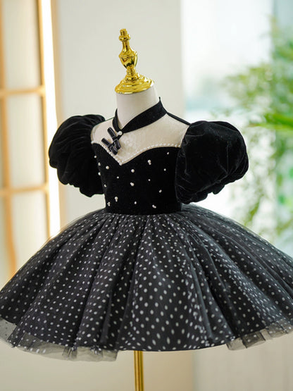 Princess Black Tulle Back Zip Baptism Tea Length Puff Sleeve Mock Neck Flower Girl Dress