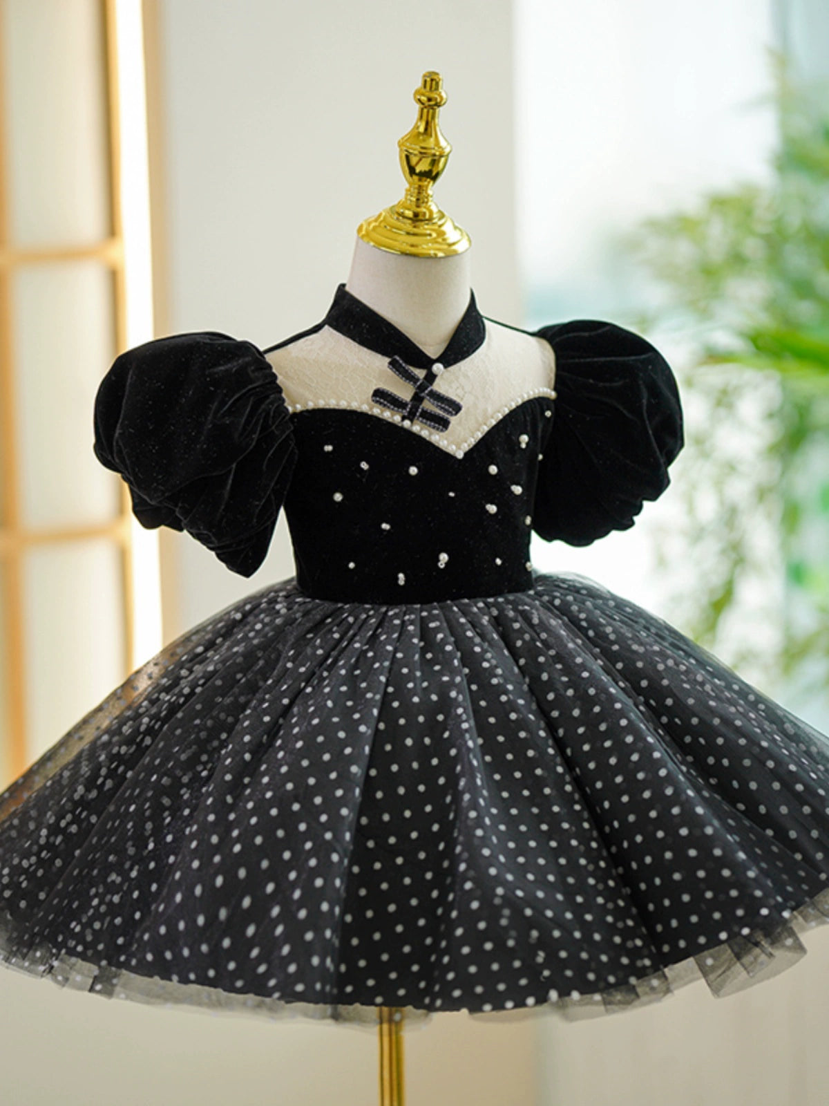 Princess Black Tulle Back Zip Baptism Tea Length Puff Sleeve Mock Neck Flower Girl Dress