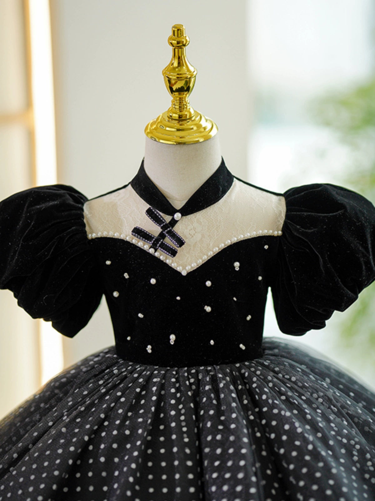 Princess Black Tulle Back Zip Baptism Tea Length Puff Sleeve Mock Neck Flower Girl Dress