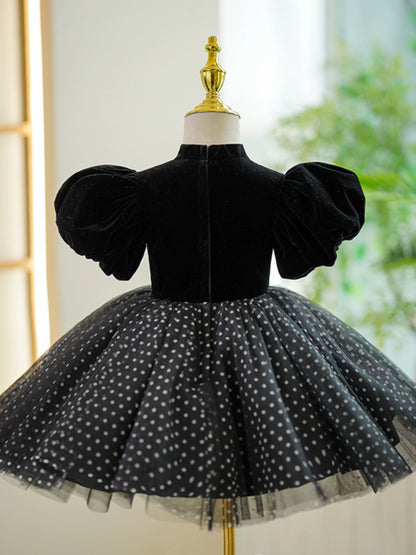 Princess Black Tulle Back Zip Baptism Tea Length Puff Sleeve Mock Neck Flower Girl Dress