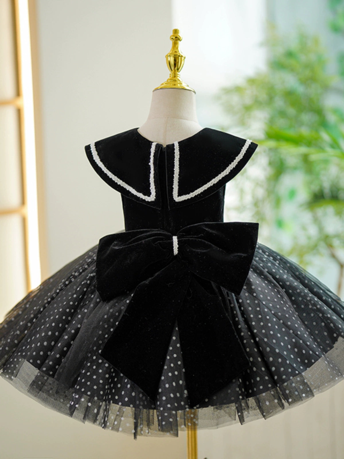 Princess Black Velvet Back Zip Baptism Tea Length Sleeveless Cap Sleeve Collared Neck Flower Girl Dress