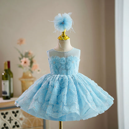 Princess Blue Lace Back Zip Baptism Flower(s) Tea Length Sleeveless Jewel Neck Flower Girl Dress