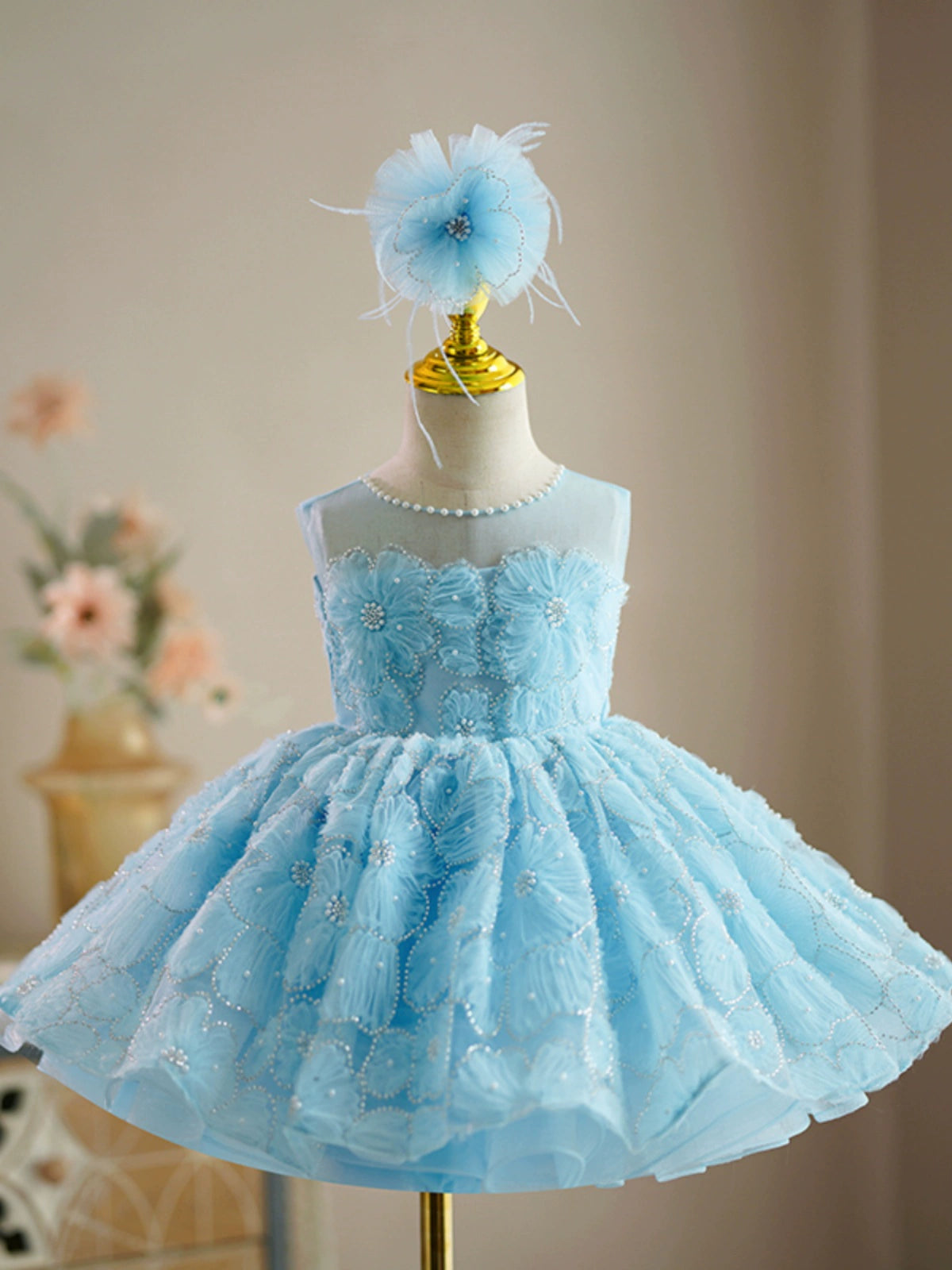 Princess Blue Lace Back Zip Baptism Flower(s) Tea Length Sleeveless Jewel Neck Flower Girl Dress