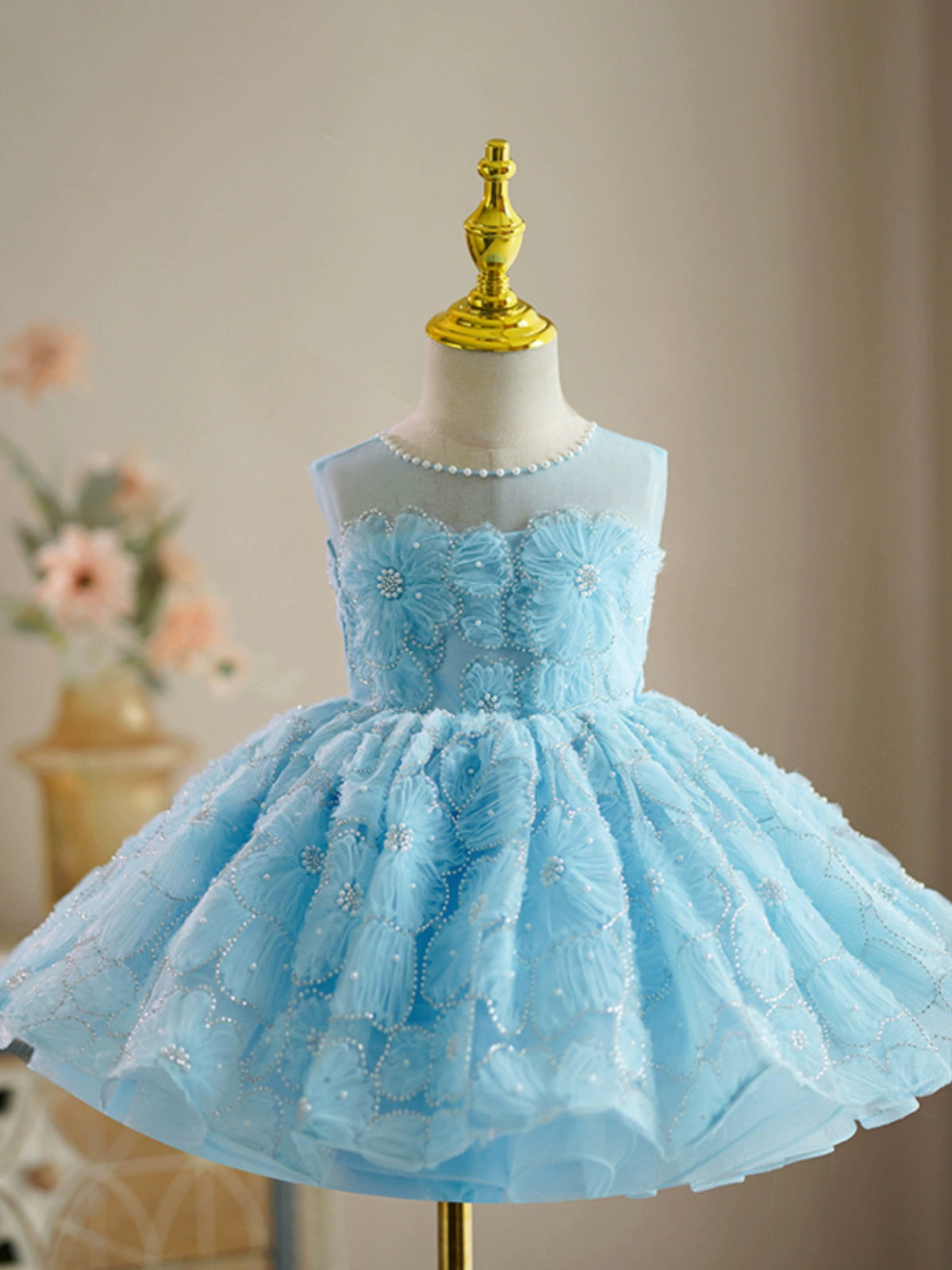 Princess Blue Lace Back Zip Baptism Flower(s) Tea Length Sleeveless Jewel Neck Flower Girl Dress