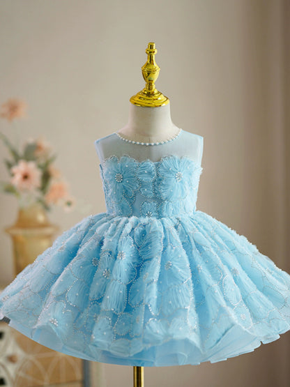 Princess Blue Lace Back Zip Baptism Flower(s) Tea Length Sleeveless Jewel Neck Flower Girl Dress