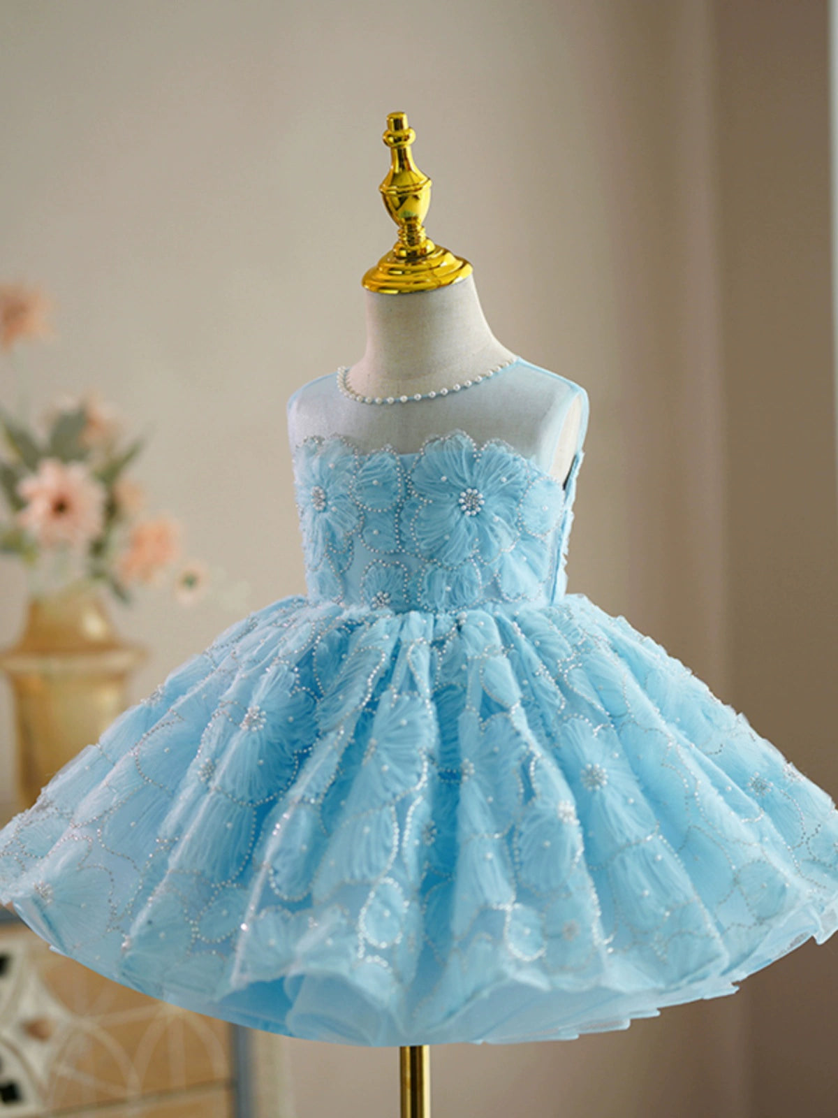 Princess Blue Lace Back Zip Baptism Flower(s) Tea Length Sleeveless Jewel Neck Flower Girl Dress