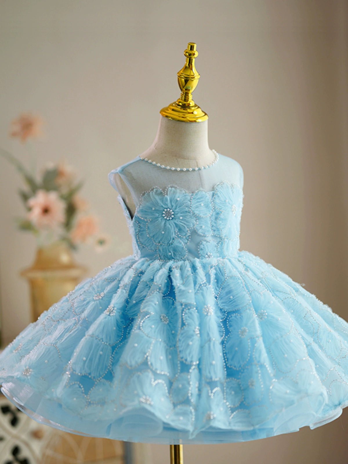 Princess Blue Lace Back Zip Baptism Flower(s) Tea Length Sleeveless Jewel Neck Flower Girl Dress