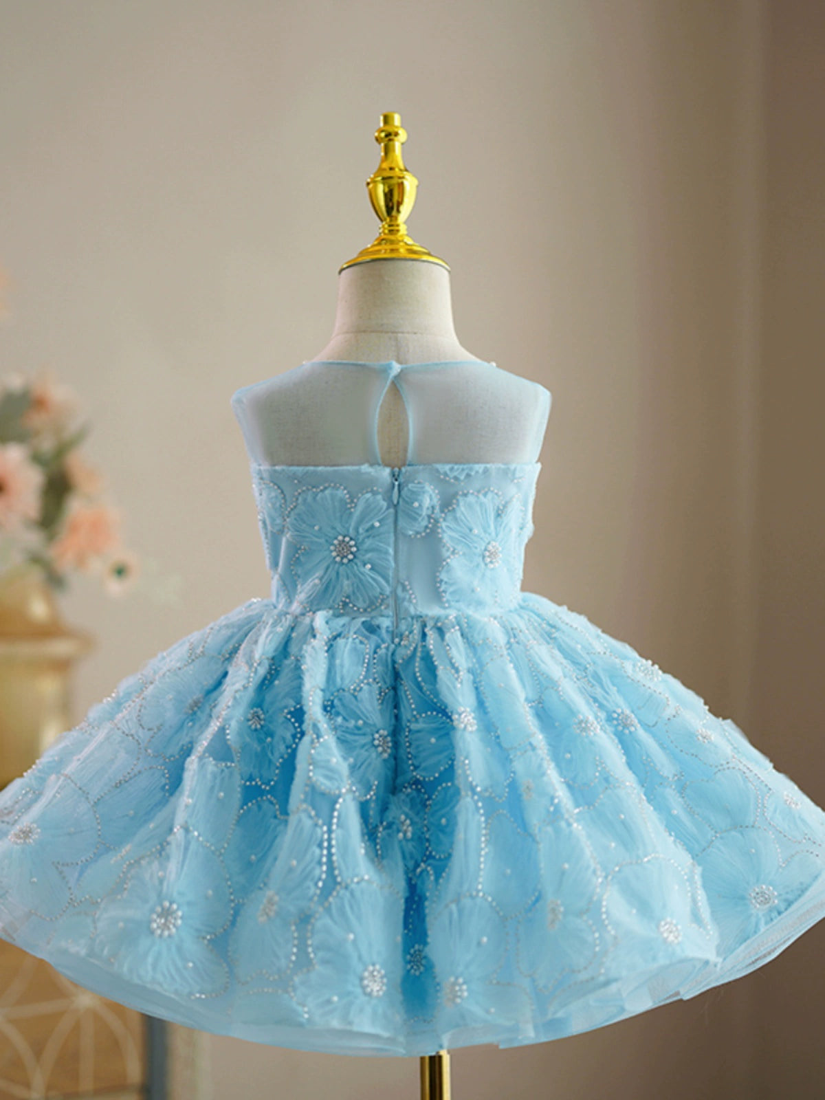 Princess Blue Lace Back Zip Baptism Flower(s) Tea Length Sleeveless Jewel Neck Flower Girl Dress
