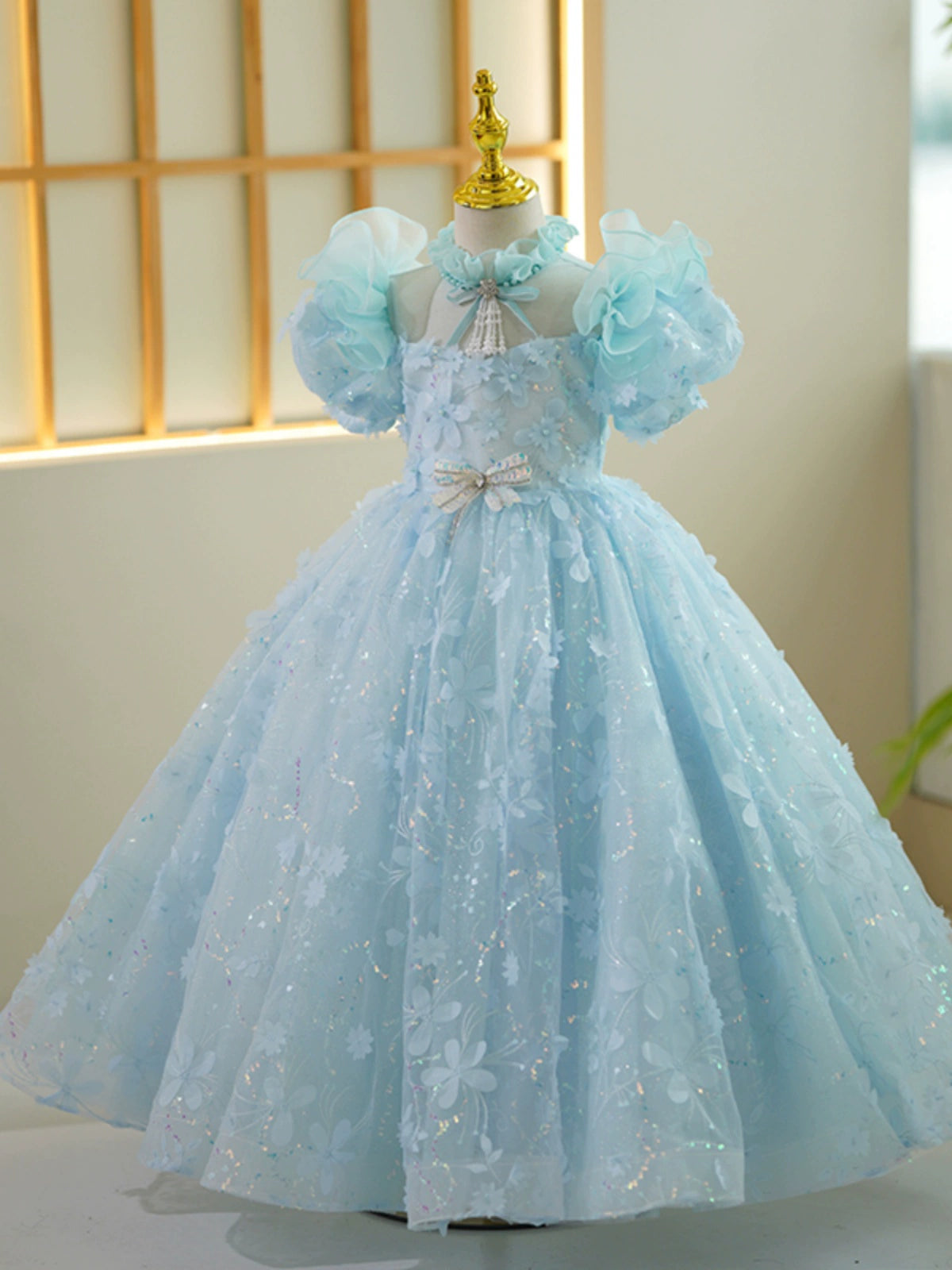 Princess Blue Lace Back Zip Baptism Lace Floor Length Short Sleeve Puff Sleeve Mock Neck Flower Girl Dress
