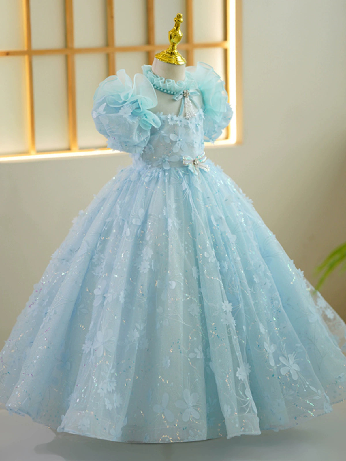 Princess Blue Lace Back Zip Baptism Lace Floor Length Short Sleeve Puff Sleeve Mock Neck Flower Girl Dress
