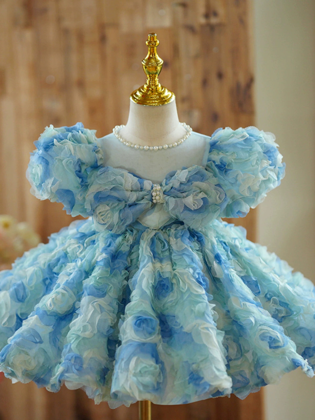 Princess Blue Lace Back Zip Baptism Lace Tea Length Short Sleeve Puff Sleeve Jewel Neck Flower Girl Dress