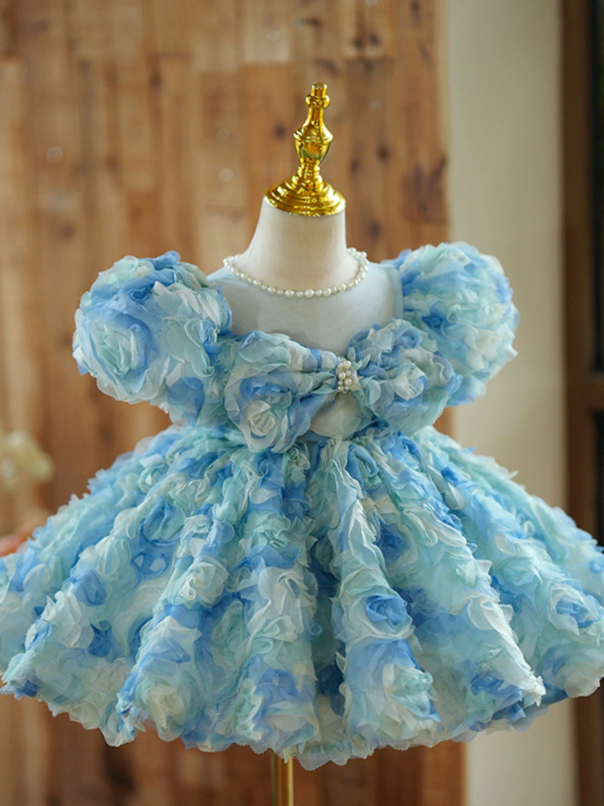Princess Blue Lace Back Zip Baptism Lace Tea Length Short Sleeve Puff Sleeve Jewel Neck Flower Girl Dress