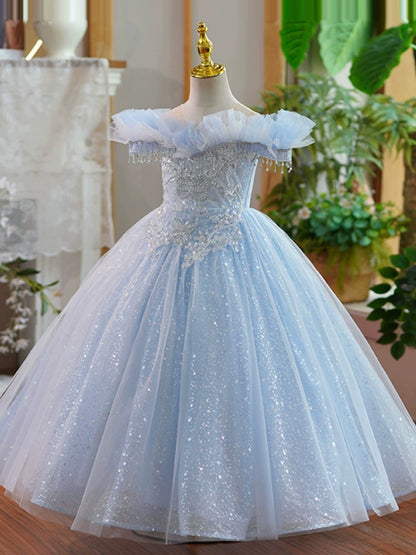Princess Blue Organza Crossed Straps Baptism Lace Floor Length Short Sleeve Cap Sleeve Round Flower Girl Dress