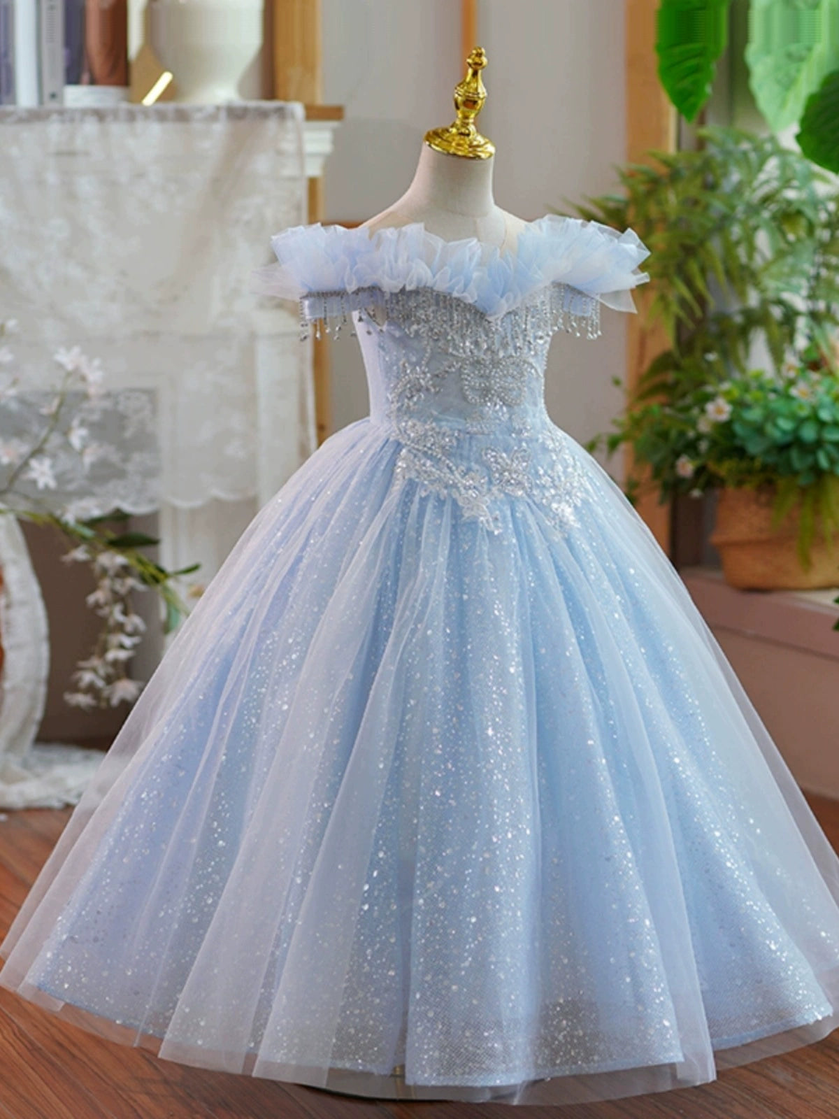 Princess Blue Organza Crossed Straps Baptism Lace Floor Length Short Sleeve Cap Sleeve Round Flower Girl Dress
