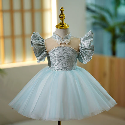 Princess Blue Satin Back Zip Baptism Beaded Tea Length Short Sleeve Cap Sleeve Jewel Neck Flower Girl Dress