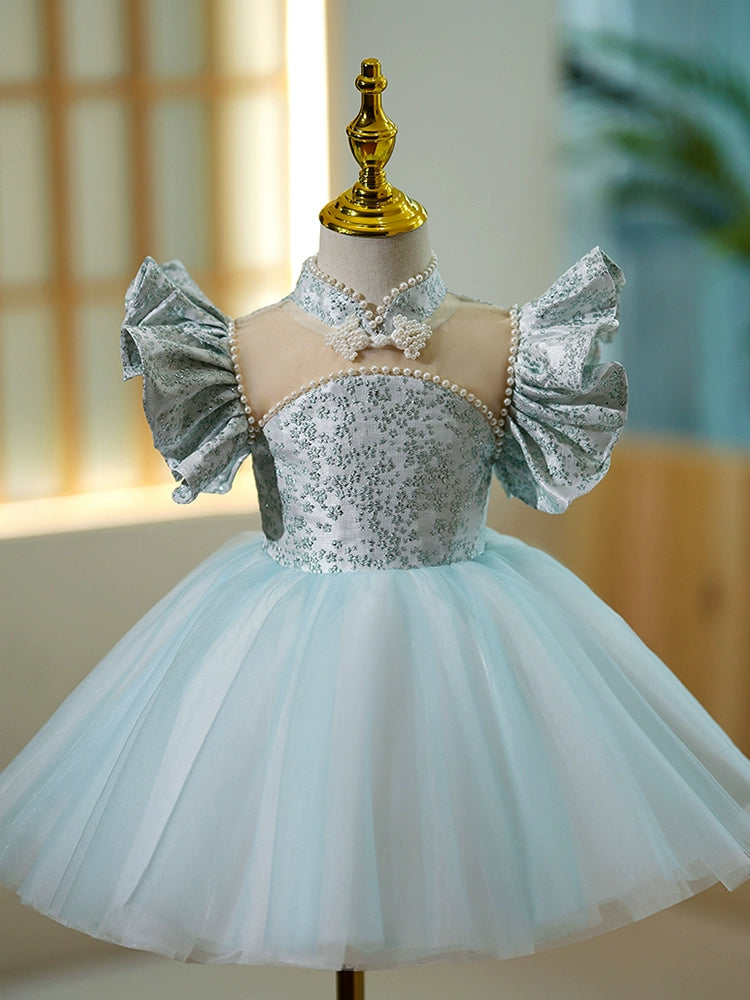 Princess Blue Satin Back Zip Baptism Beaded Tea Length Short Sleeve Cap Sleeve Jewel Neck Flower Girl Dress