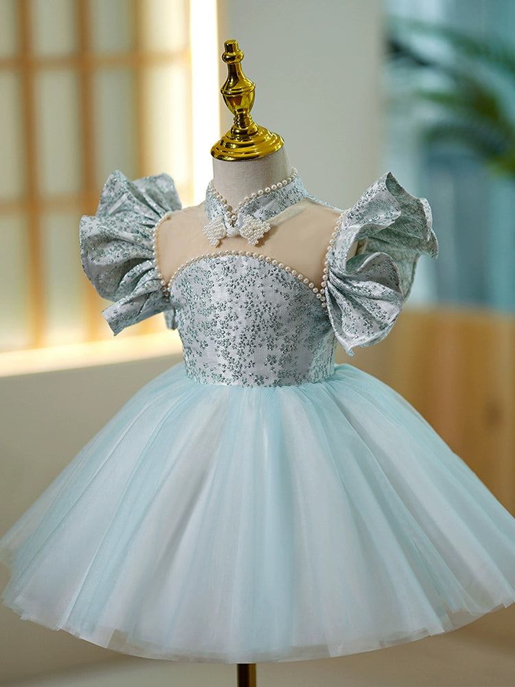 Princess Blue Satin Back Zip Baptism Beaded Tea Length Short Sleeve Cap Sleeve Jewel Neck Flower Girl Dress