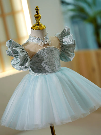 Princess Blue Satin Back Zip Baptism Beaded Tea Length Short Sleeve Cap Sleeve Jewel Neck Flower Girl Dress