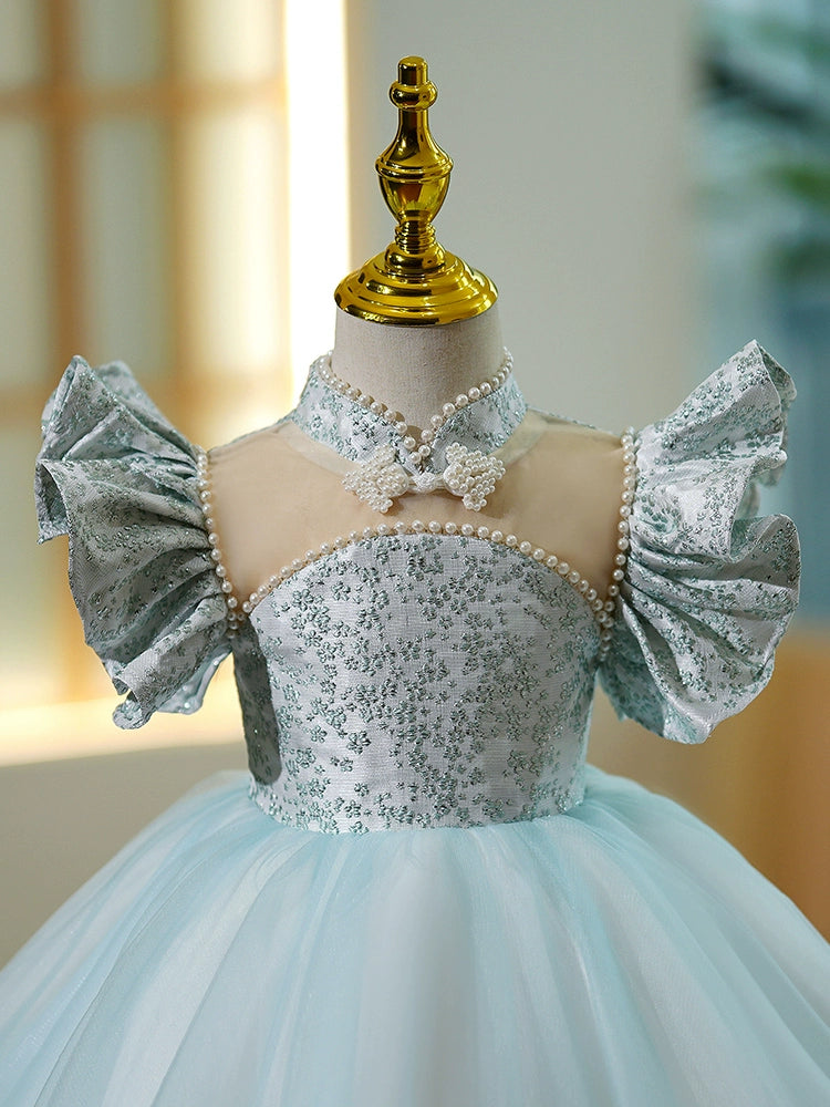 Princess Blue Satin Back Zip Baptism Beaded Tea Length Short Sleeve Cap Sleeve Jewel Neck Flower Girl Dress