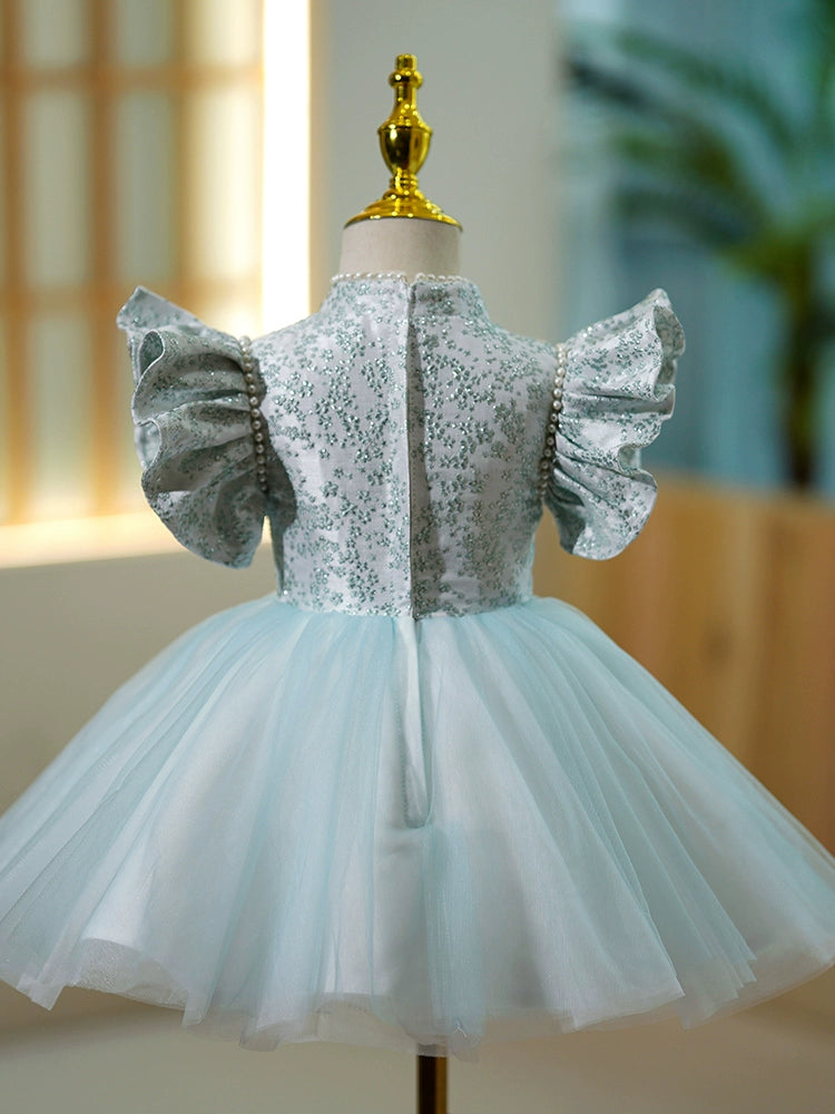 Princess Blue Satin Back Zip Baptism Beaded Tea Length Short Sleeve Cap Sleeve Jewel Neck Flower Girl Dress