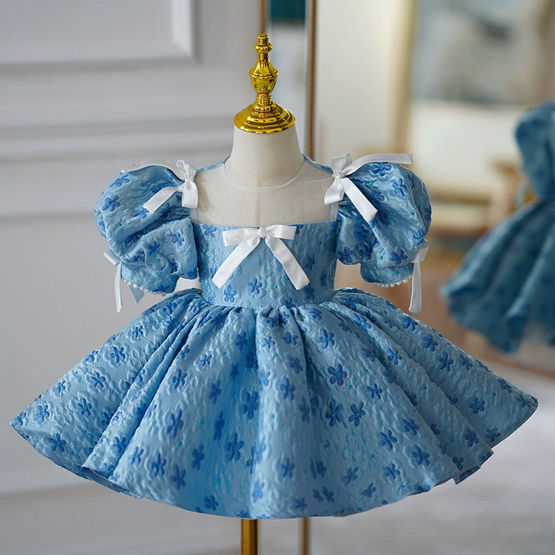 Princess Blue Satin Back Zip Baptism Bow(s) Tea Length Short Sleeve Puff Sleeve Square Flower Girl Dress