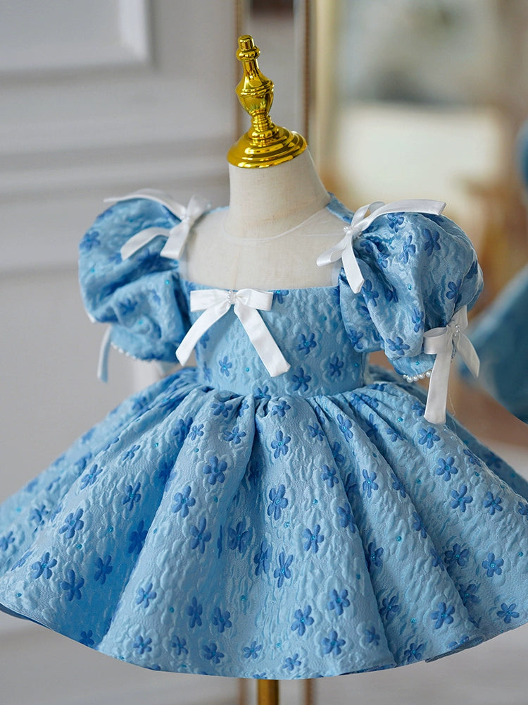 Princess Blue Satin Back Zip Baptism Bow(s) Tea Length Short Sleeve Puff Sleeve Square Flower Girl Dress