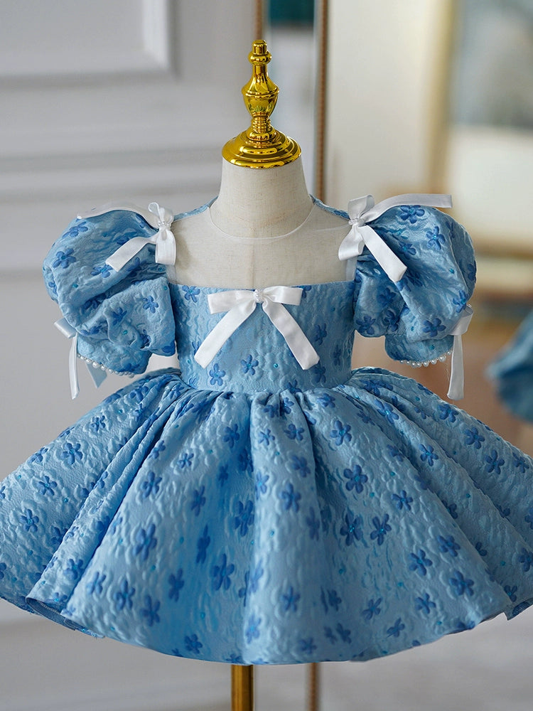 Princess Blue Satin Back Zip Baptism Bow(s) Tea Length Short Sleeve Puff Sleeve Square Flower Girl Dress