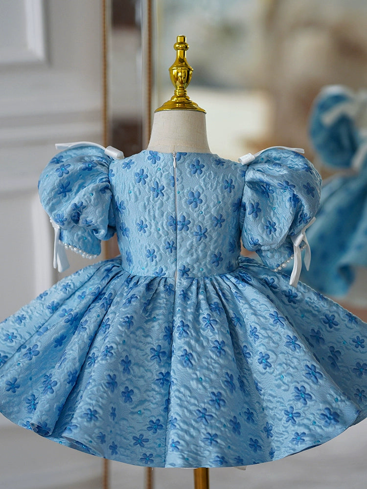 Princess Blue Satin Back Zip Baptism Bow(s) Tea Length Short Sleeve Puff Sleeve Square Flower Girl Dress