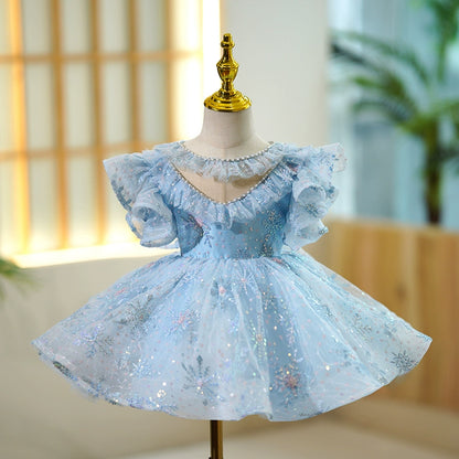 Princess Blue Sequined Back Zip Baptism Beaded Tea Length Short Sleeve Cap Sleeve Round Flower Girl Dress