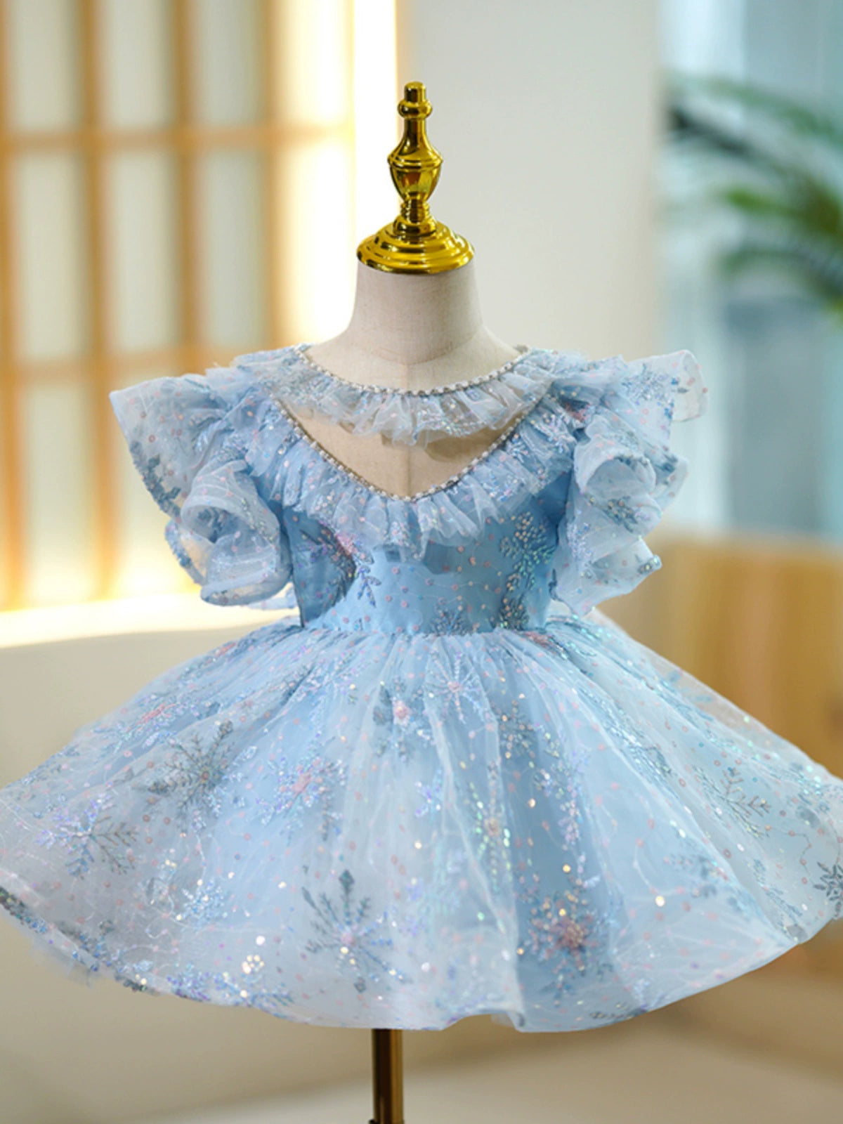 Princess Blue Sequined Back Zip Baptism Beaded Tea Length Short Sleeve Cap Sleeve Round Flower Girl Dress