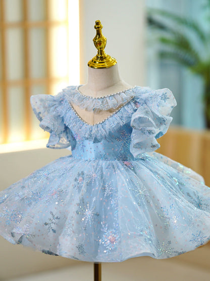 Princess Blue Sequined Back Zip Baptism Beaded Tea Length Short Sleeve Cap Sleeve Round Flower Girl Dress