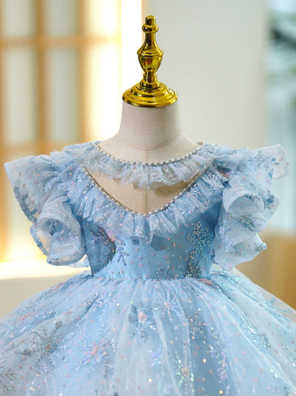 Princess Blue Sequined Back Zip Baptism Beaded Tea Length Short Sleeve Cap Sleeve Round Flower Girl Dress