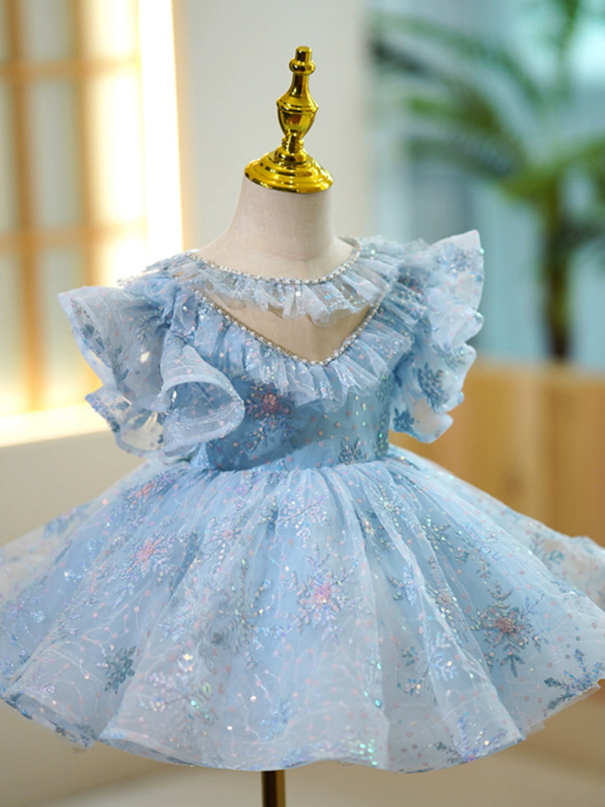 Princess Blue Sequined Back Zip Baptism Beaded Tea Length Short Sleeve Cap Sleeve Round Flower Girl Dress