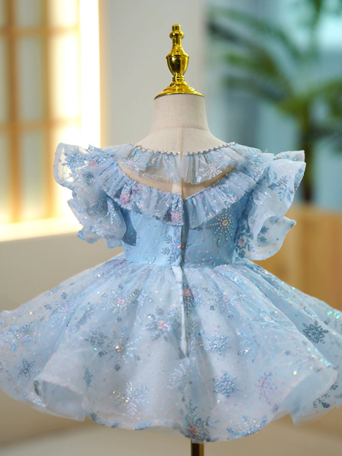 Princess Blue Sequined Back Zip Baptism Beaded Tea Length Short Sleeve Cap Sleeve Round Flower Girl Dress