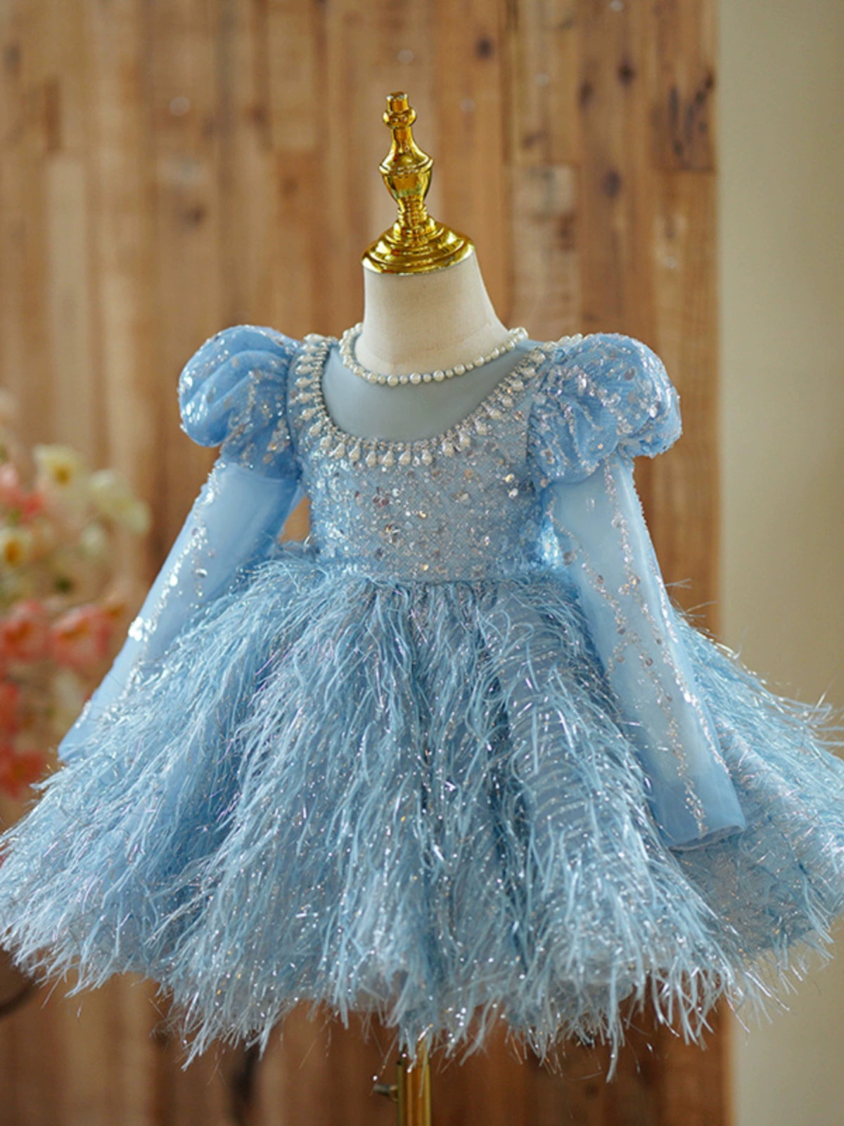 Princess Blue Tulle Back Zip Baptism Beaded Tea Length Long Sleeve Puff Sleeve Jewel Neck Flower Girl Dress