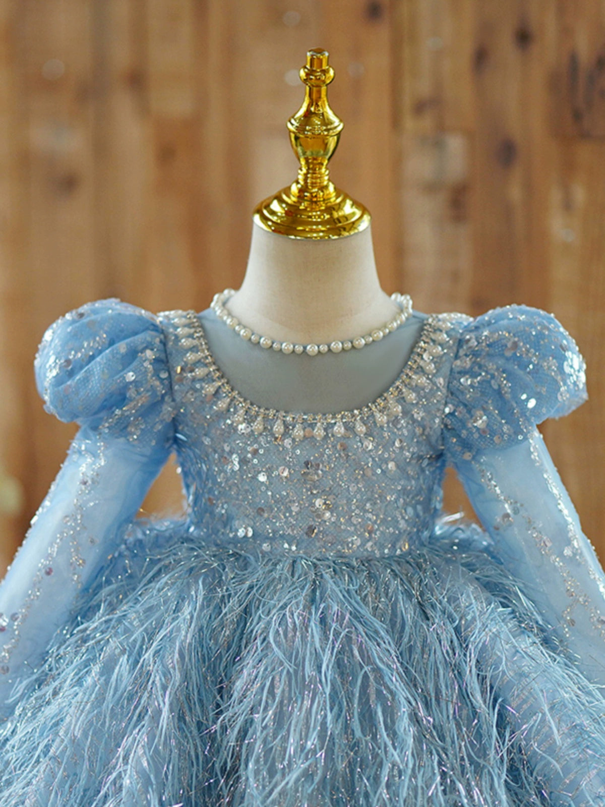 Princess Blue Tulle Back Zip Baptism Beaded Tea Length Long Sleeve Puff Sleeve Jewel Neck Flower Girl Dress