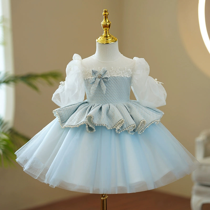 Princess Blue Tulle Back Zip Baptism Lace Tea Length Short Sleeve Puff Sleeve Round Flower Girl Dress