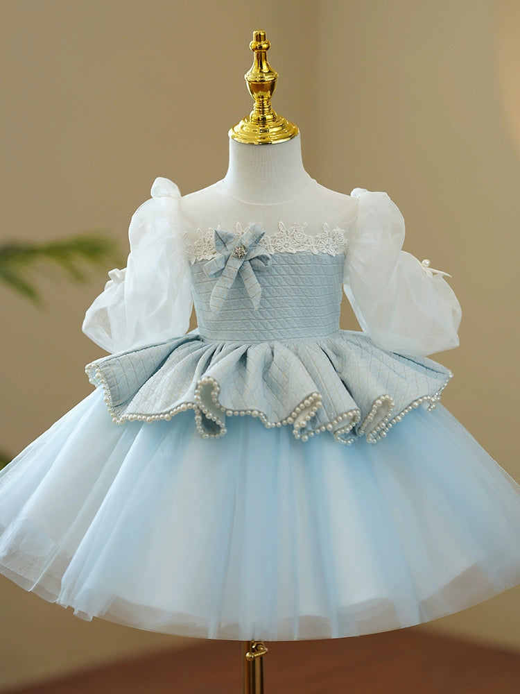 Princess Blue Tulle Back Zip Baptism Lace Tea Length Short Sleeve Puff Sleeve Round Flower Girl Dress