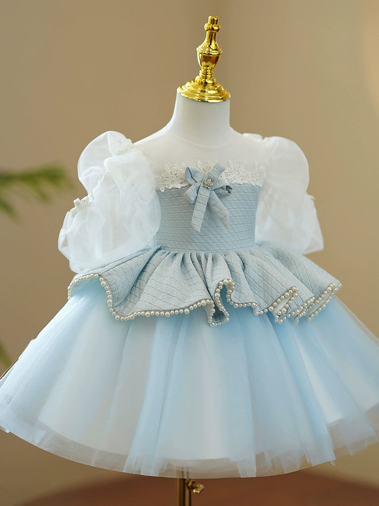 Princess Blue Tulle Back Zip Baptism Lace Tea Length Short Sleeve Puff Sleeve Round Flower Girl Dress