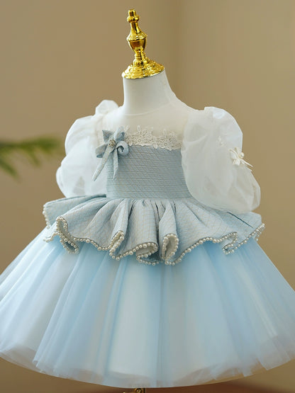 Princess Blue Tulle Back Zip Baptism Lace Tea Length Short Sleeve Puff Sleeve Round Flower Girl Dress